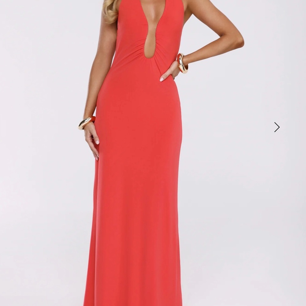 Hello Molly Coral Red Maxi Dress with Plunge Keyhole